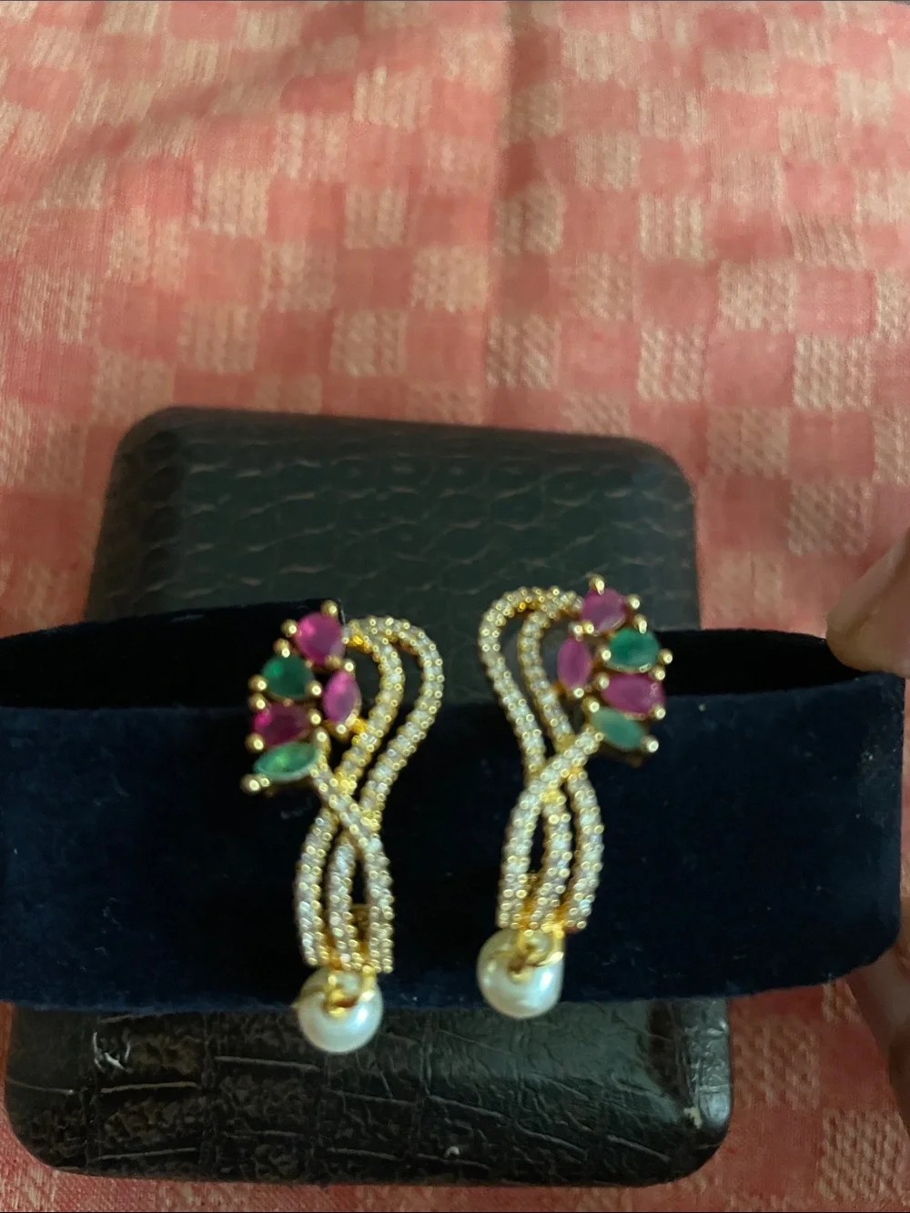 Gold-Tone Pink & Green Stone Drop Earrings with Pearl Accent
